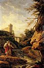Claude-Joseph Vernet Two female peasants by a waterfall, a town and aqueduct beyond painting